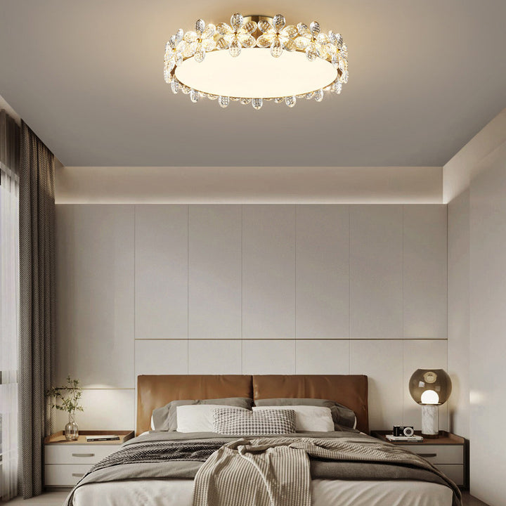 Plafonnier LED rond en acrylique cuivre avec cristaux modernes pour chambre à coucher 