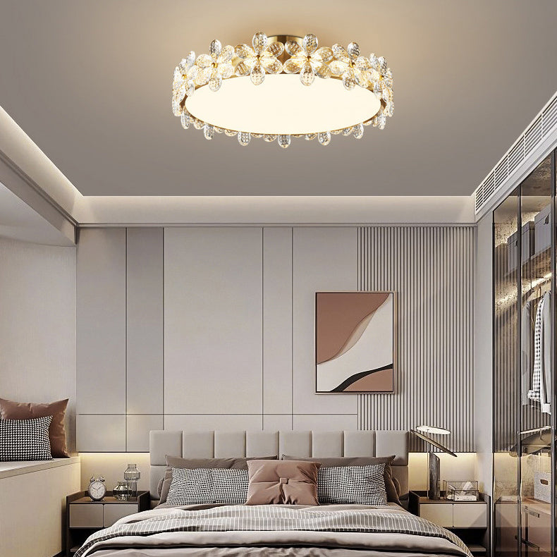 Plafonnier LED rond en acrylique cuivre avec cristaux modernes pour chambre à coucher 