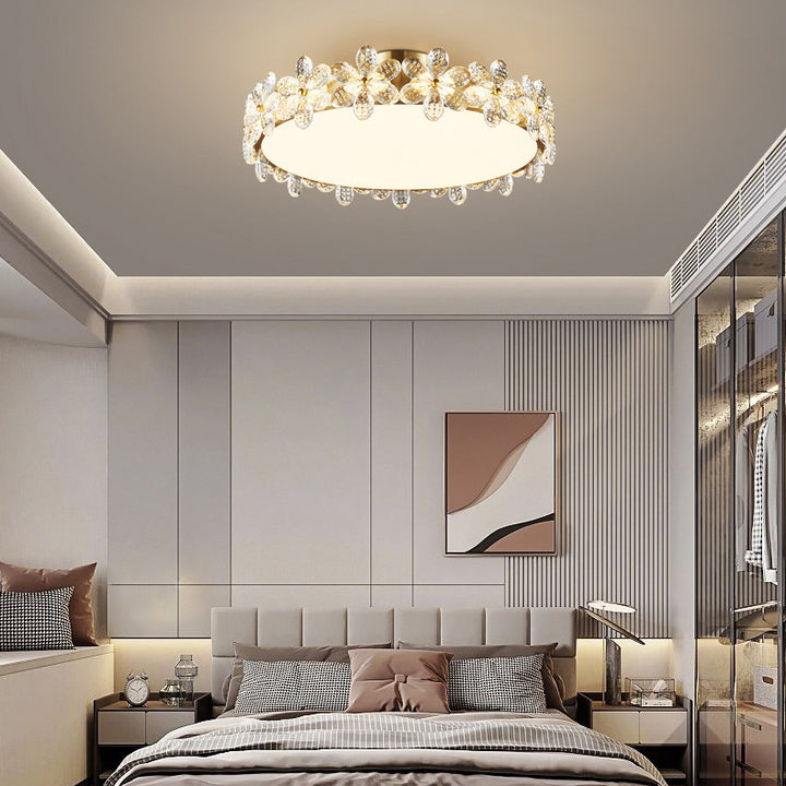 Plafonnier LED rond en acrylique cuivre avec cristaux modernes pour chambre à coucher 