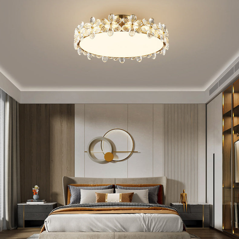 Plafonnier LED rond en acrylique cuivre avec cristaux modernes pour chambre à coucher 