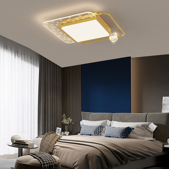 Moderne eklektische quadratische Deckenleuchte aus Kupfer, Acryl und Kristall mit LED für das Schlafzimmer 