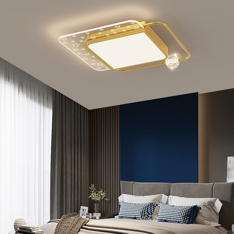Moderne eklektische quadratische Deckenleuchte aus Kupfer, Acryl und Kristall mit LED für das Schlafzimmer 