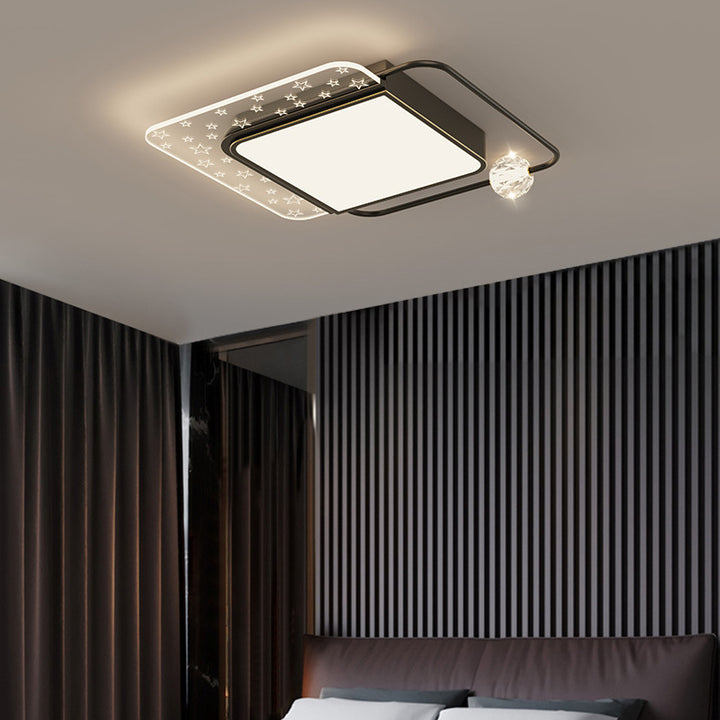 Moderne eklektische quadratische Deckenleuchte aus Kupfer, Acryl und Kristall mit LED für das Schlafzimmer 