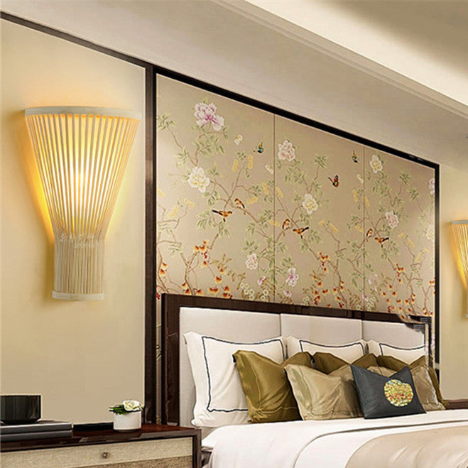 Applique murale en bambou trapézoïdal chinois traditionnel à 1 lumière pour chambre à coucher 