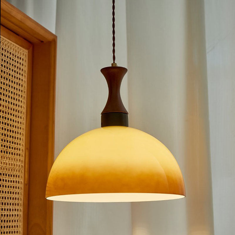 Traditional Vintage Dome Solid Wood Glass 1-Light Pendant Light For Living Room
