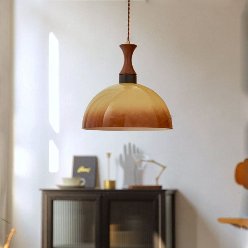 Traditional Vintage Dome Solid Wood Glass 1-Light Pendant Light For Living Room