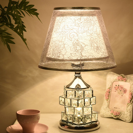 Traditional European Cone Lampshade Aluminum Crystal 1-Light Table Lamp For Bedroom