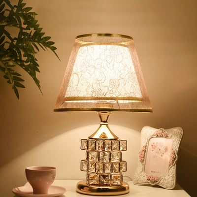 Traditional European Cone Lampshade Aluminum Crystal 1-Light Table Lamp For Bedroom