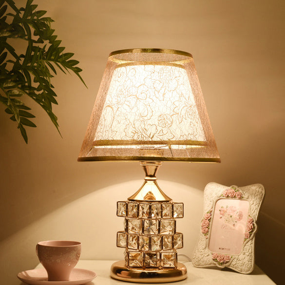 Traditional European Cone Lampshade Aluminum Crystal 1-Light Table Lamp For Bedroom