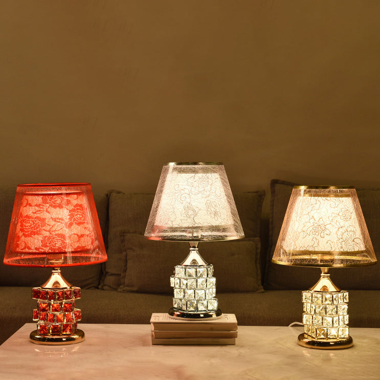 Traditional European Cone Lampshade Aluminum Crystal 1-Light Table Lamp For Bedroom