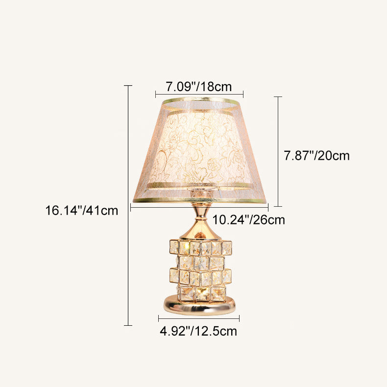 Abat-jour conique traditionnel européen en aluminium avec cristal, lampe de table à 1 lumière pour chambre 