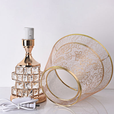 Traditional European Cone Lampshade Aluminum Crystal 1-Light Table Lamp For Bedroom