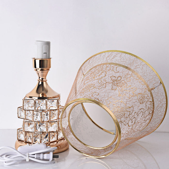 Traditional European Cone Lampshade Aluminum Crystal 1-Light Table Lamp For Bedroom