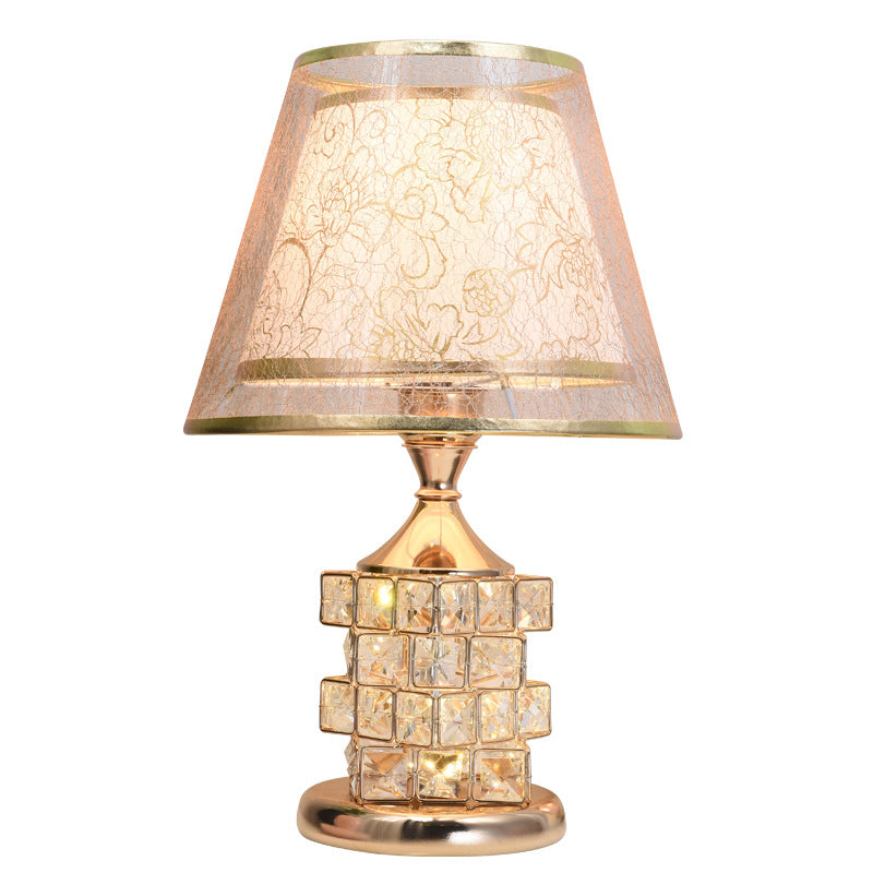 Traditional European Cone Lampshade Aluminum Crystal 1-Light Table Lamp For Bedroom