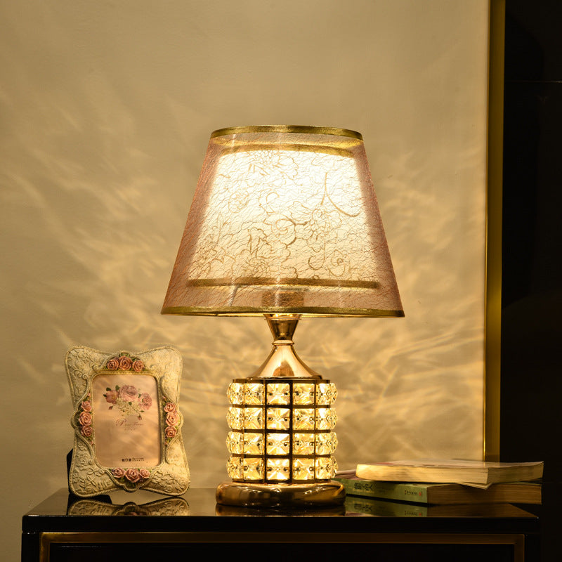 Traditional European Cone Lampshade Aluminum Crystal 1-Light Table Lamp For Bedroom