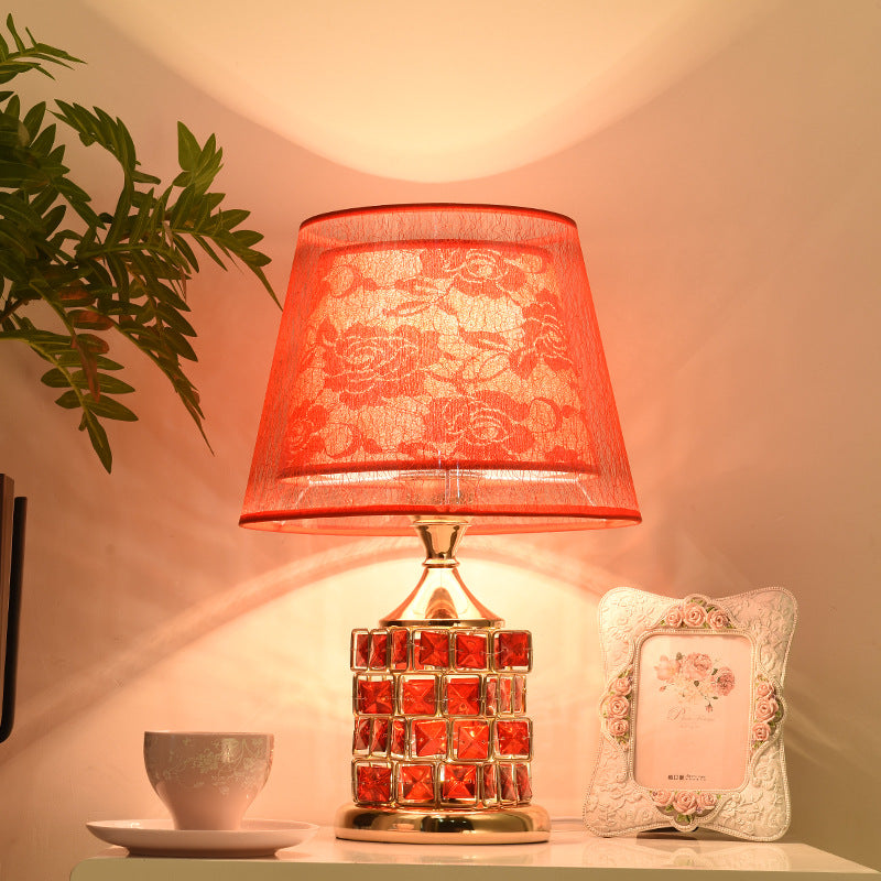 Traditional European Cone Lampshade Aluminum Crystal 1-Light Table Lamp For Bedroom