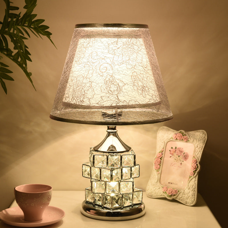 Traditional European Cone Lampshade Aluminum Crystal 1-Light Table Lamp For Bedroom