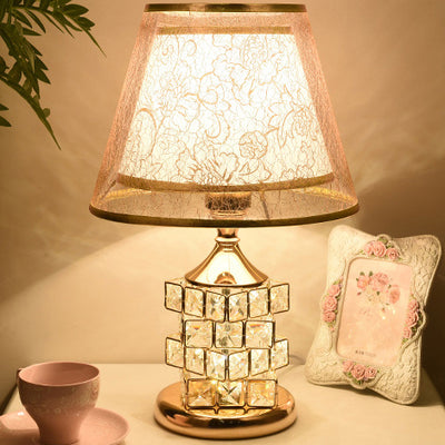 Traditional European Cone Lampshade Aluminum Crystal 1-Light Table Lamp For Bedroom