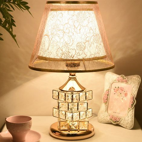 Traditional European Cone Lampshade Aluminum Crystal 1-Light Table Lamp For Bedroom