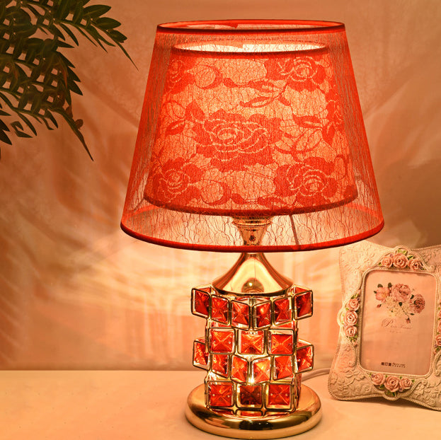 Traditional European Cone Lampshade Aluminum Crystal 1-Light Table Lamp For Bedroom