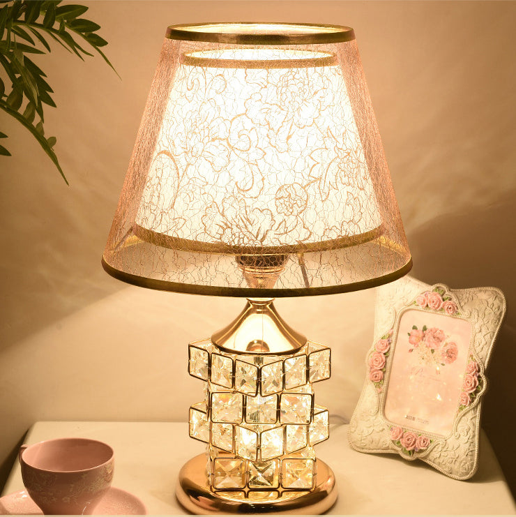 Traditional European Cone Lampshade Aluminum Crystal 1-Light Table Lamp For Bedroom