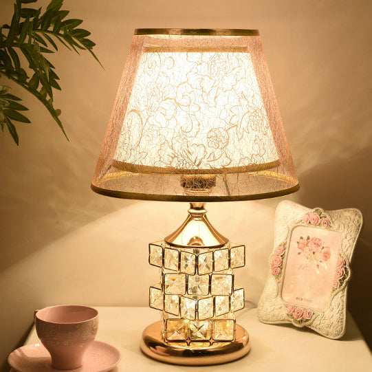Traditional European Cone Lampshade Aluminum Crystal 1-Light Table Lamp For Bedroom