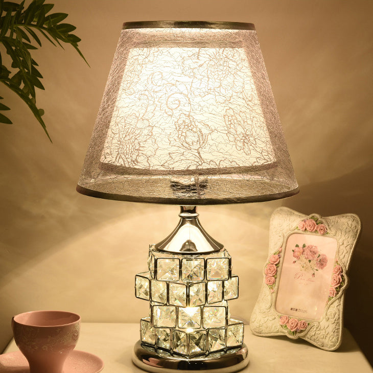 Traditional European Cone Lampshade Aluminum Crystal 1-Light Table Lamp For Bedroom