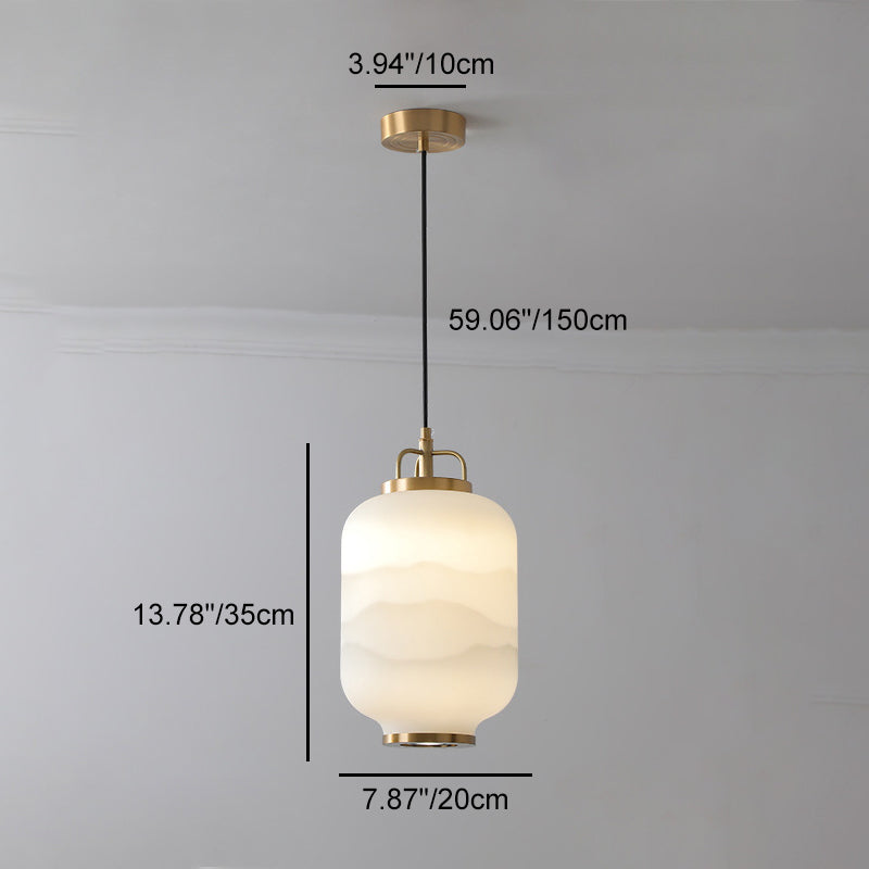 Traditional Chinese Lantern Cylinder Copper Glass LED Pendant Light For Living Room