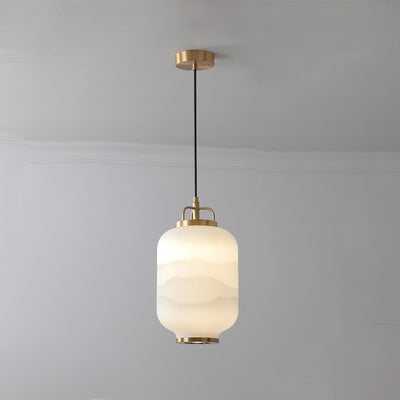 Traditional Chinese Lantern Cylinder Copper Glass LED Pendant Light For Living Room