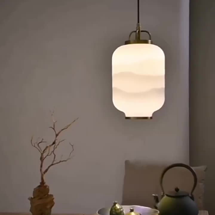 Traditional Chinese Lantern Cylinder Copper Glass LED Pendant Light For Living Room