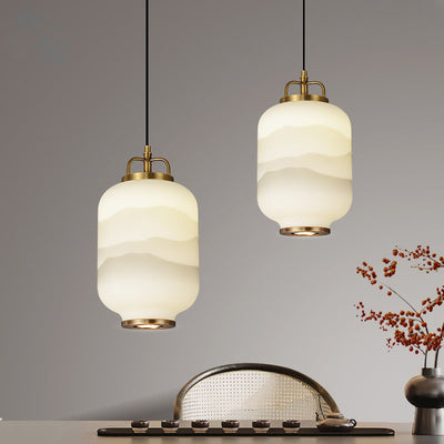 Traditional Chinese Lantern Cylinder Copper Glass LED Pendant Light For Living Room
