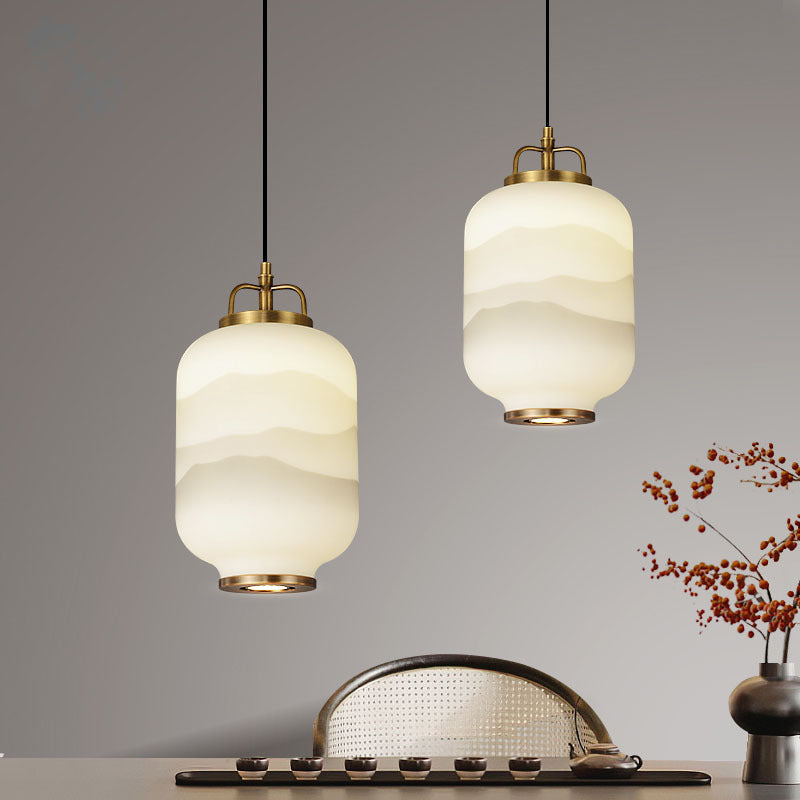 Traditional Chinese Lantern Cylinder Copper Glass LED Pendant Light For Living Room