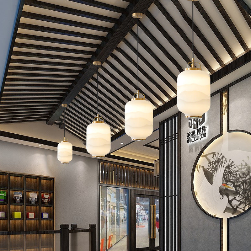 Traditional Chinese Lantern Cylinder Copper Glass LED Pendant Light For Living Room