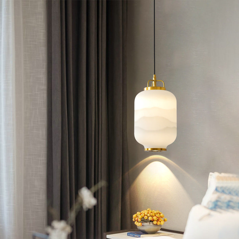 Traditional Chinese Lantern Cylinder Copper Glass LED Pendant Light For Living Room