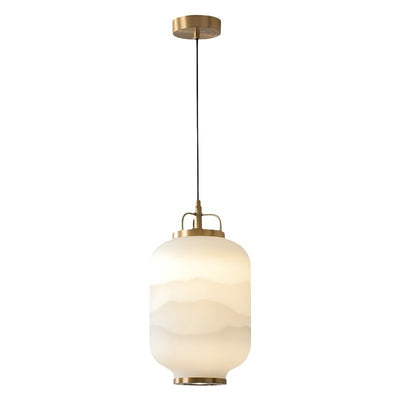 Traditional Chinese Lantern Cylinder Copper Glass LED Pendant Light For Living Room
