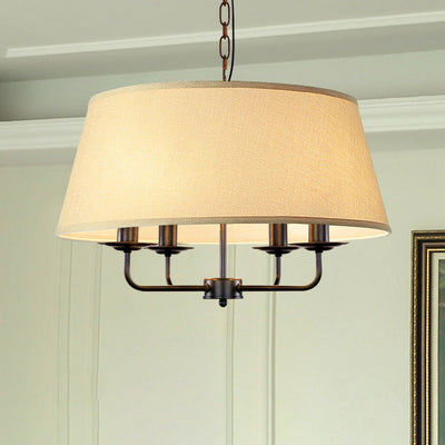 Traditional Rustic Cylinder Iron Fabric 4-Light Chandelier For Living Room