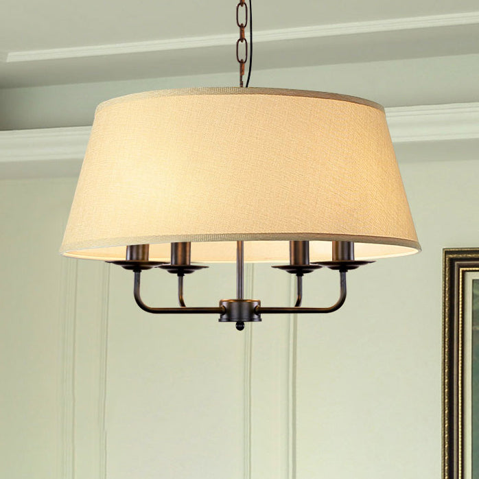 Traditional Rustic Cylinder Iron Fabric 4-Light Chandelier For Living Room