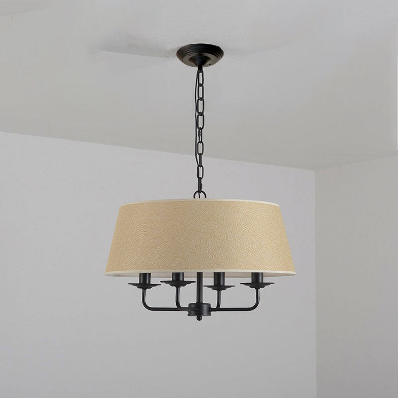 Traditional Rustic Cylinder Iron Fabric 4-Light Chandelier For Living Room