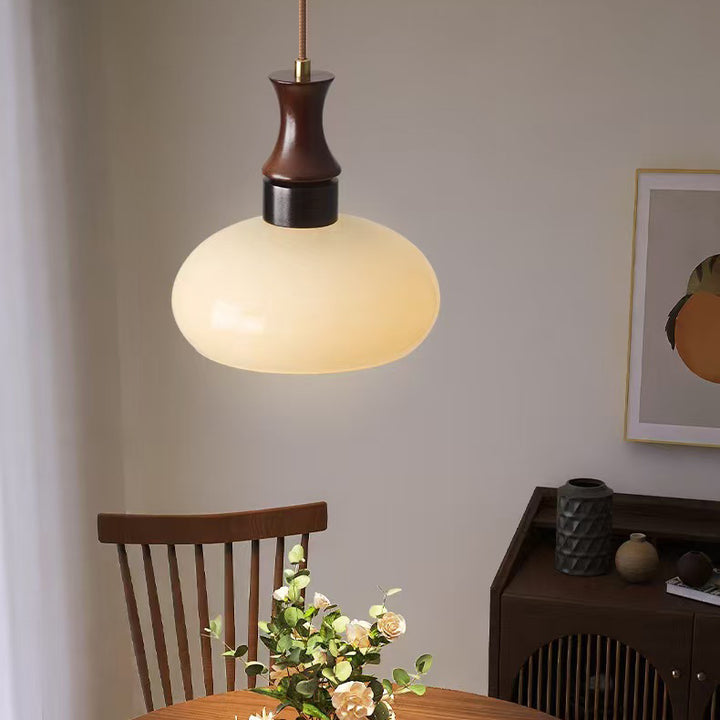 Suspension Luminaire Moderne Mi-Siècle Rond en Métal et Bois de Caoutchouc avec Verre à 1 Lumière pour Salon 