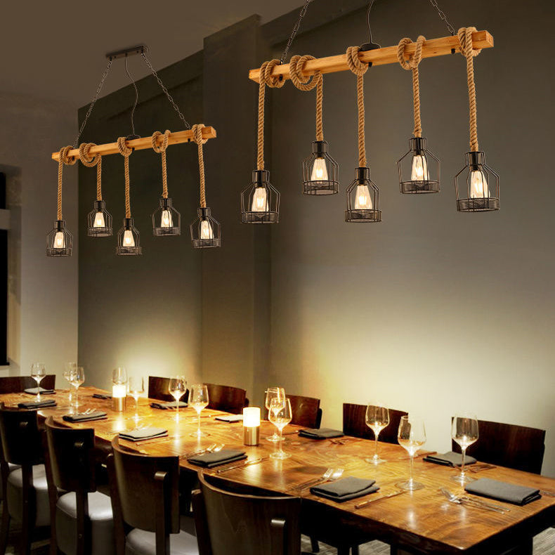 Traditionelle rustikale Käfig-Eisen-Seil-Massivholz 3/5 Licht Kronleuchter Insel Licht für Esszimmer 
