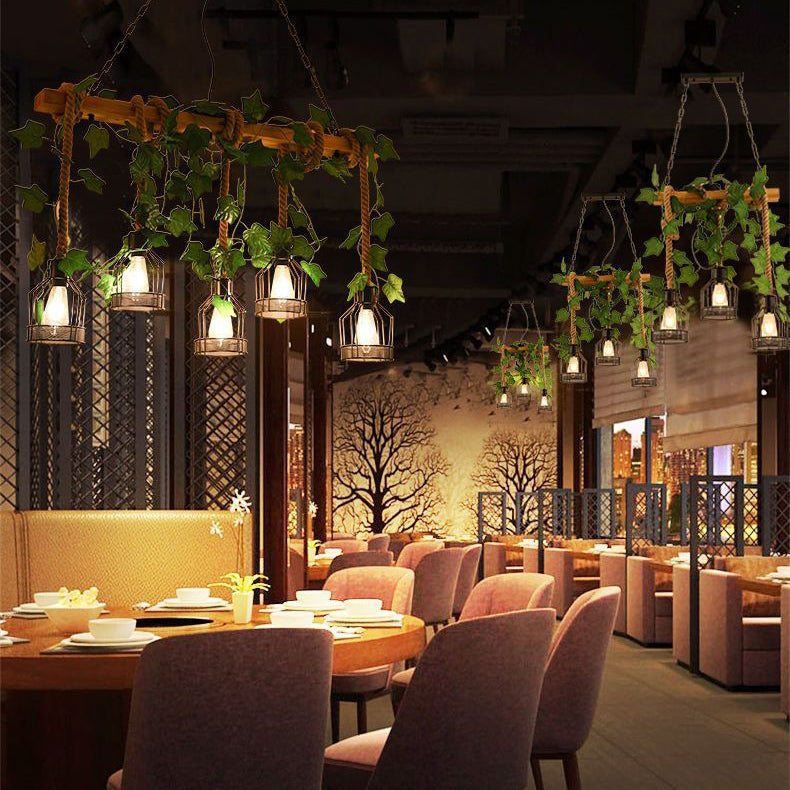 Traditionelle rustikale Käfig-Eisen-Seil-Massivholz 3/5 Licht Kronleuchter Insel Licht für Esszimmer 