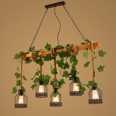 Traditionelle rustikale Käfig-Eisen-Seil-Massivholz 3/5 Licht Kronleuchter Insel Licht für Esszimmer 