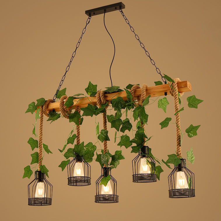 Traditionelle rustikale Käfig-Eisen-Seil-Massivholz 3/5 Licht Kronleuchter Insel Licht für Esszimmer 