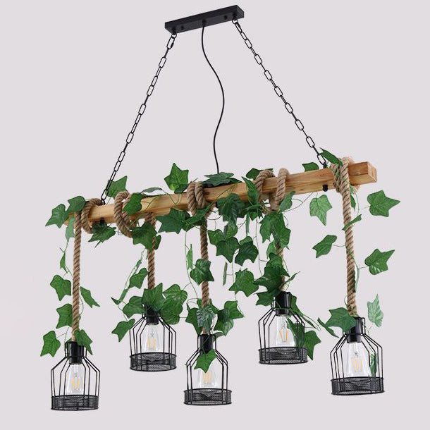 Traditionelle rustikale Käfig-Eisen-Seil-Massivholz 3/5 Licht Kronleuchter Insel Licht für Esszimmer 
