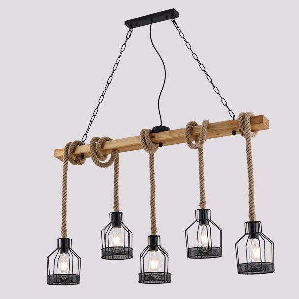 Lustre en bois massif avec corde en fer rustique traditionnel, 3/5 lumières pour salle à manger 