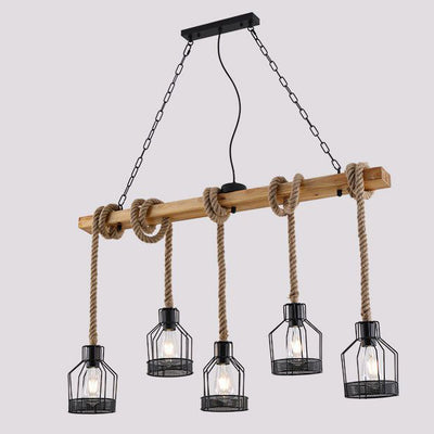 Traditionelle rustikale Käfig-Eisen-Seil-Massivholz 3/5 Licht Kronleuchter Insel Licht für Esszimmer 