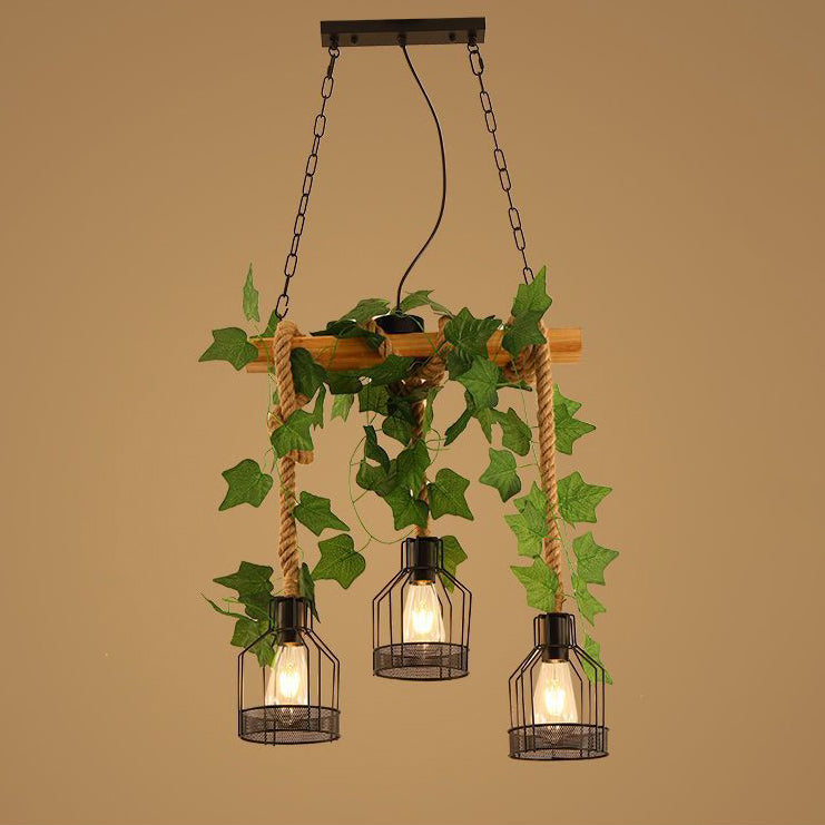 Traditionelle rustikale Käfig-Eisen-Seil-Massivholz 3/5 Licht Kronleuchter Insel Licht für Esszimmer 