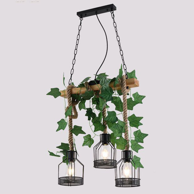 Lustre en bois massif avec corde en fer rustique traditionnel, 3/5 lumières pour salle à manger 