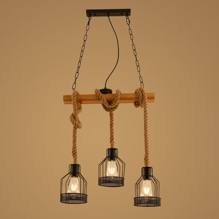 Traditionelle rustikale Käfig-Eisen-Seil-Massivholz 3/5 Licht Kronleuchter Insel Licht für Esszimmer 