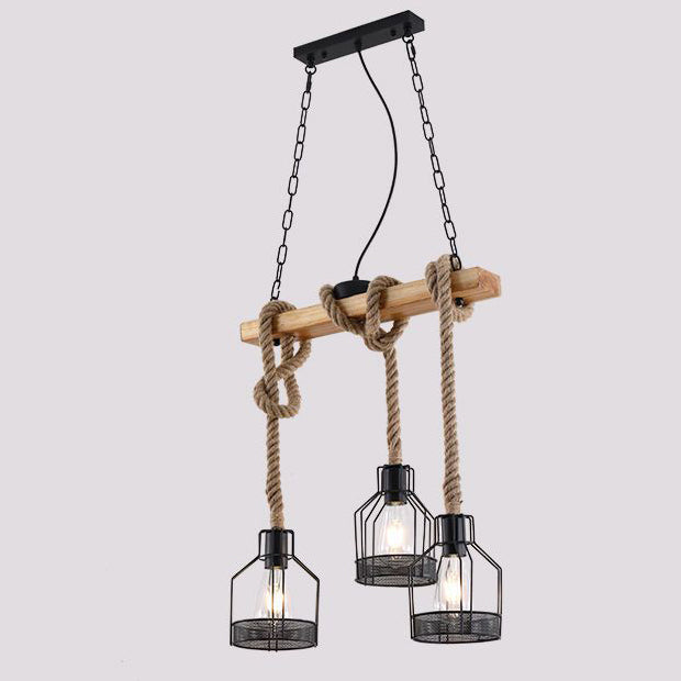 Traditionelle rustikale Käfig-Eisen-Seil-Massivholz 3/5 Licht Kronleuchter Insel Licht für Esszimmer 